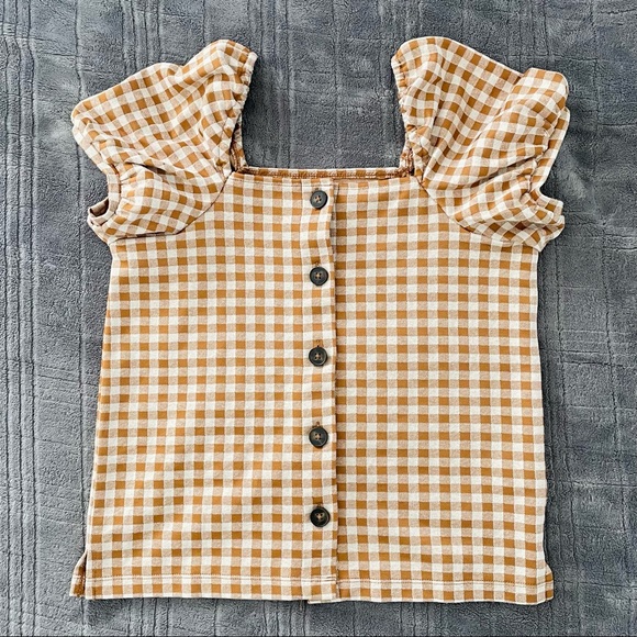 Madewell Gingham Jacquard Square Neck Puff Sleeve Top XS Saddle Brown - Picture 5 of 7